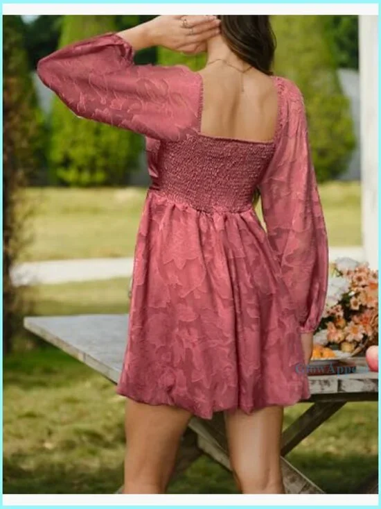 Floral Square Neck Long Sleeve Mini Dress Smocked Back A-Line Wedding Guest - Picture 2 of 6